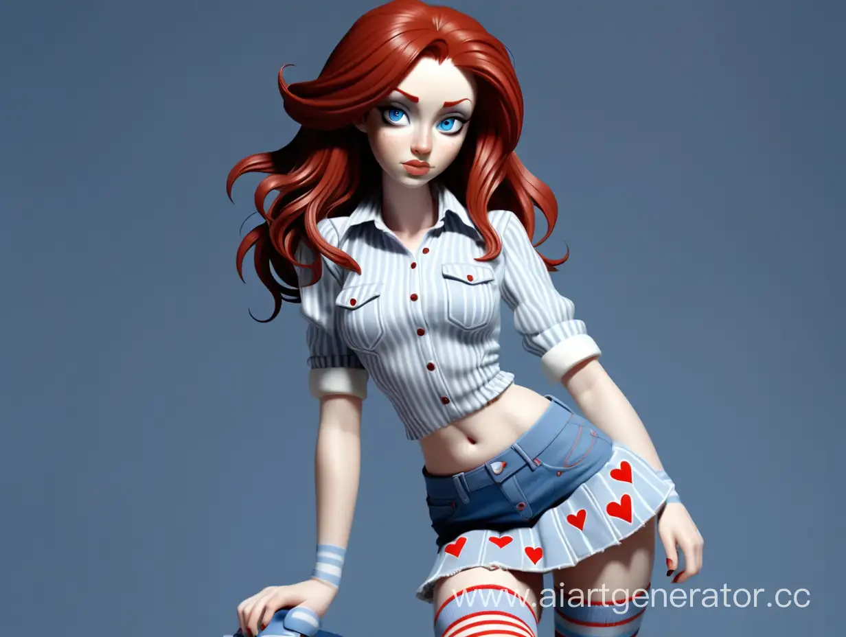 Stylish-Woman-with-Red-Hair-and-Blue-Eyes-in-HeartAdorned-Shirt-and-Denim-Skirt