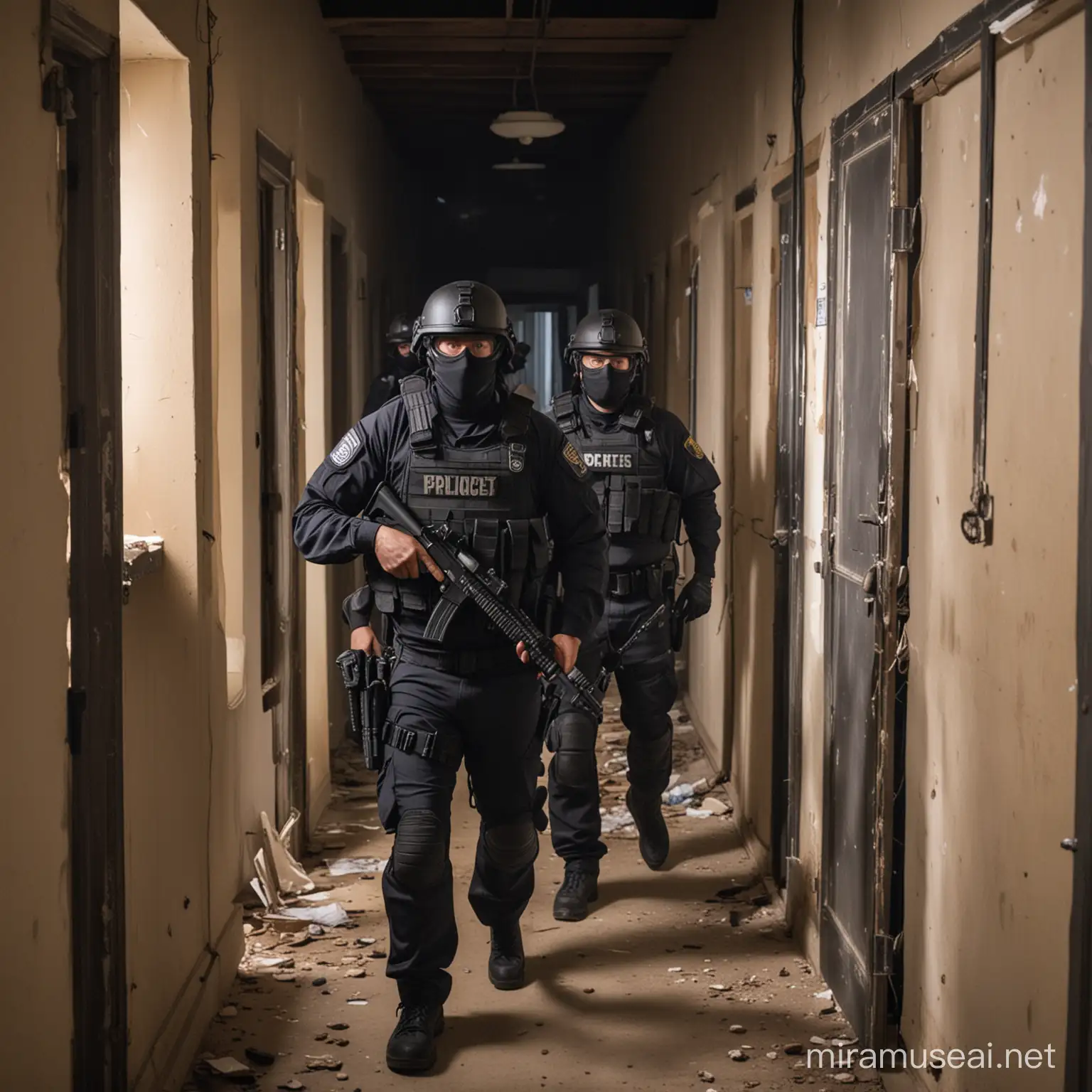 Photo of law enforcement officers conducting a raid on a suspected trafficking operation, illustrating efforts to combat the crime.