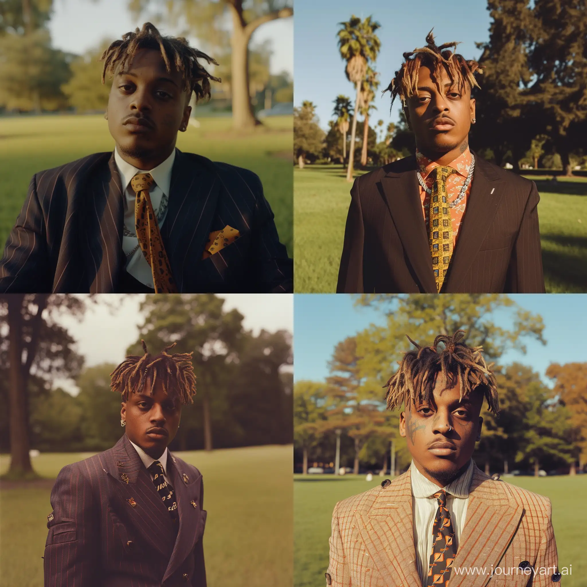 Juice WRLD wearing a suit and tie in a 1960s Movie Scene at a park.