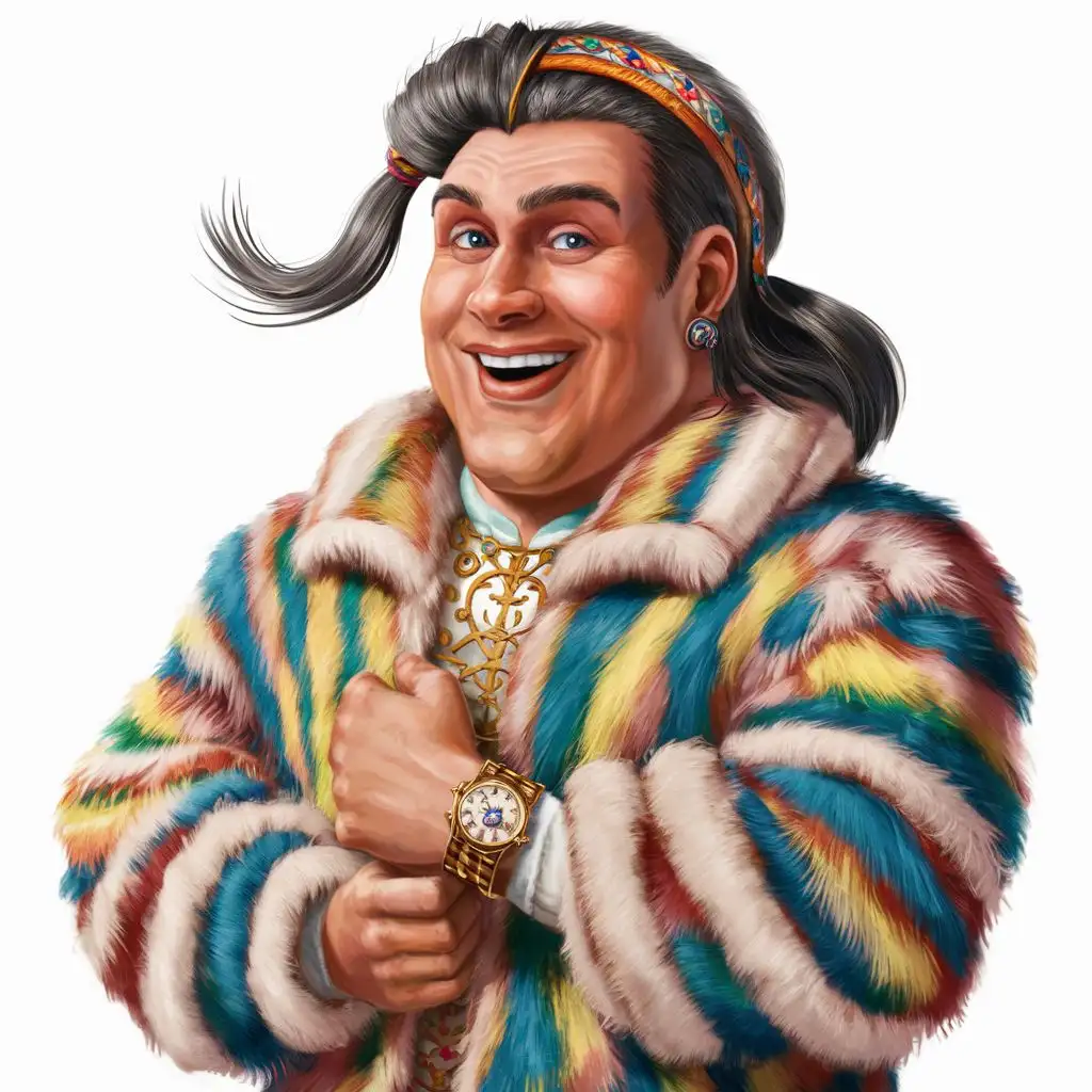 Please create a picture that will depict from head to waist a cheerful Ukrainian Cossack with a forelock on his head, dressed in a bright multi-colored fur coat with a mother-of-pearl sheen, with a gold watch on his wrist and an earring in his ear