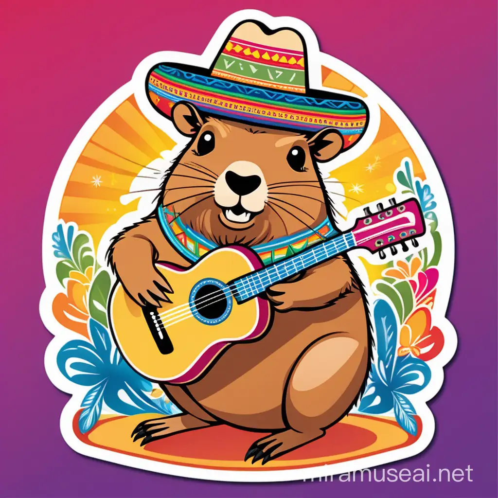 A vibrant and festive vector illustration of a capybara with a colorful guitar wearing a sombrero, celebrating Cinco de Mayo. retro groovy with background sticker