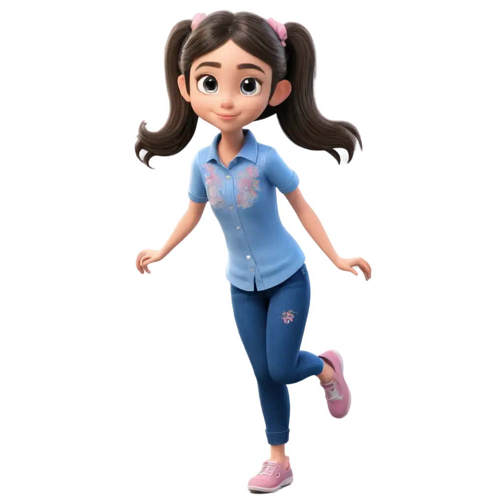 cartoon girl with big eyes, wearing jeans, embroidered shirt, with pigtails