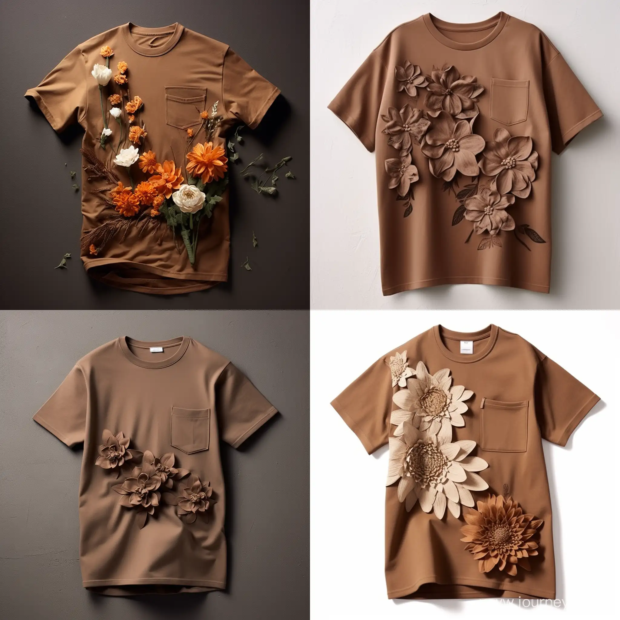 Botanical-Elegance-Brown-Oversized-Tshirt-with-Torn-Pocket-and-3D-Flowers