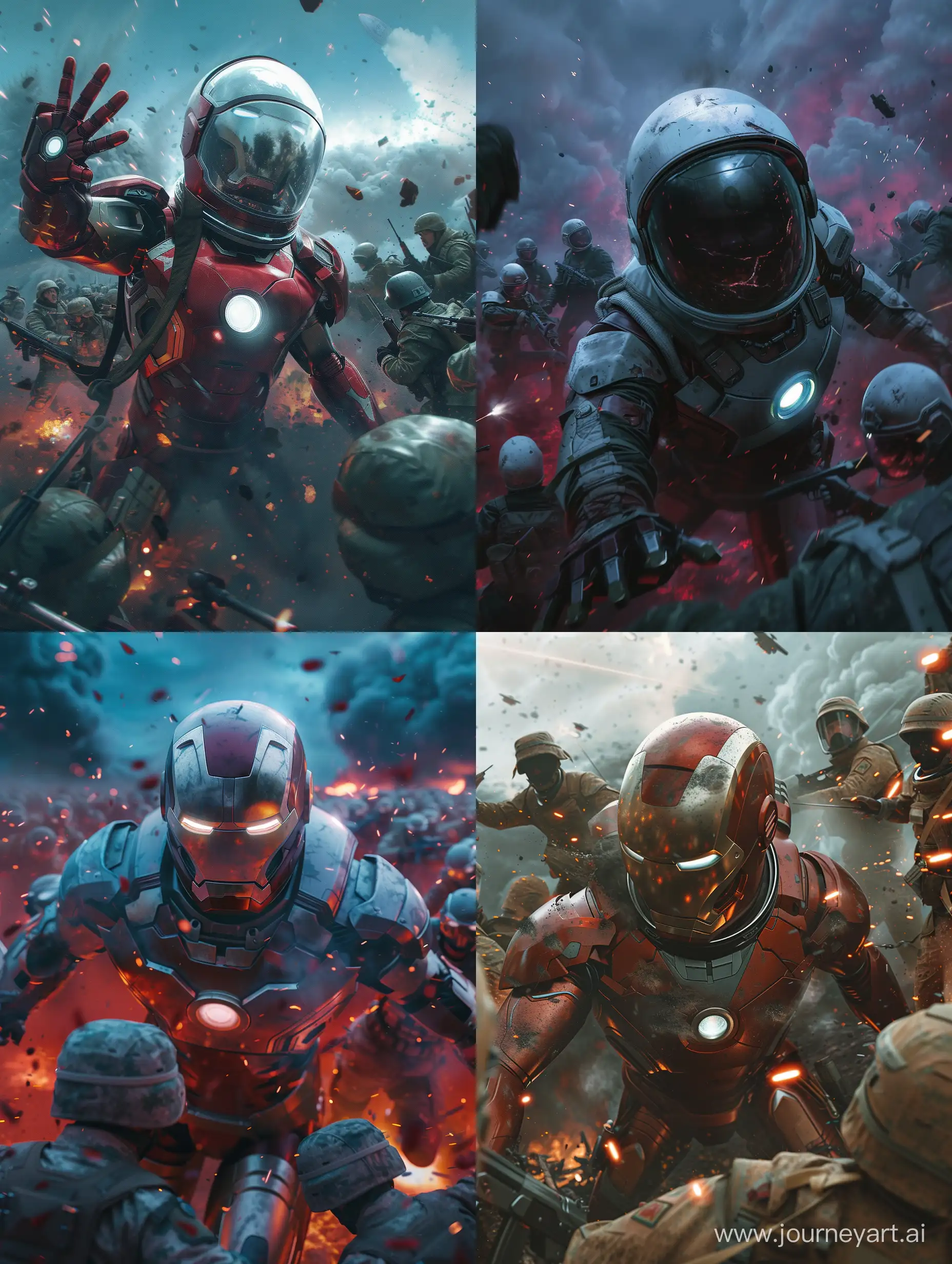 a ironman wearing space suit in Russia ,and many soldiers attacking the ironman,8k,cinematic lights,natural disasters,realistic