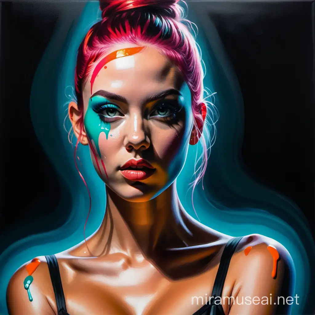 Create an exciting masterpiece with acrylic paint that captures the essence of a humiliatrix. Play with bold colors and striking contrasts to depict the forceful nature of this persona. Aim for photorealism in portraying the subject's commanding gaze and dominant   