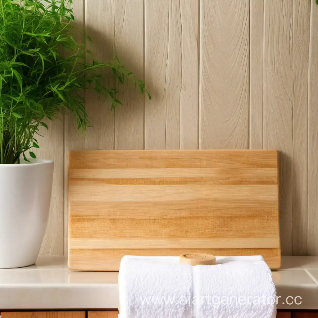 деревянная досочка на фоне полотенца в ванной комнате зеленое растение
