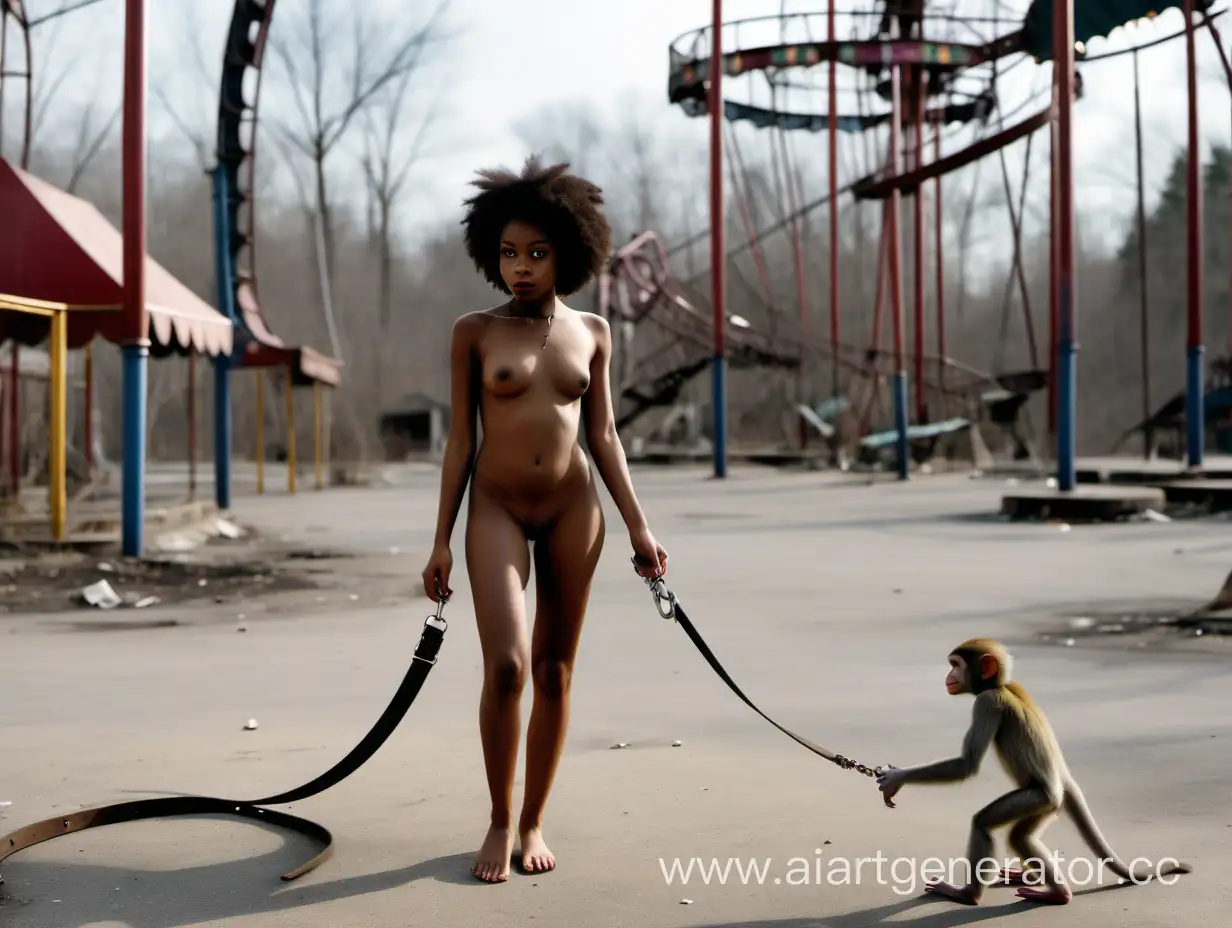 A naked black girl walks through an abandoned amusement park with a small monkey on a leash