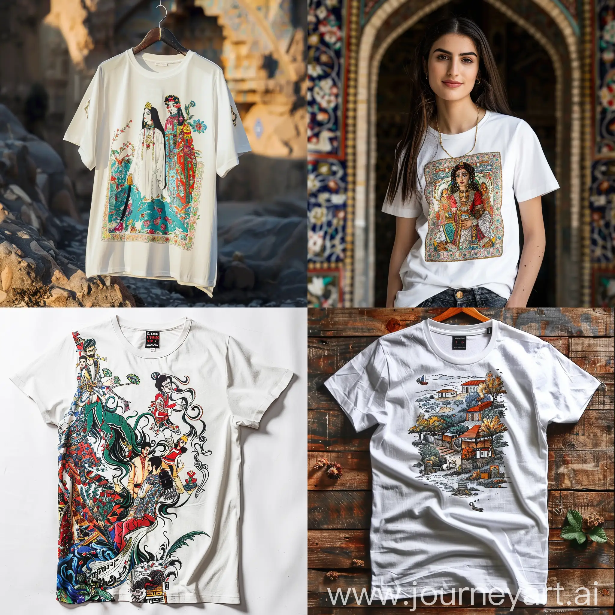 Design a t-shirt that is white and has original designs of Iranian culture.