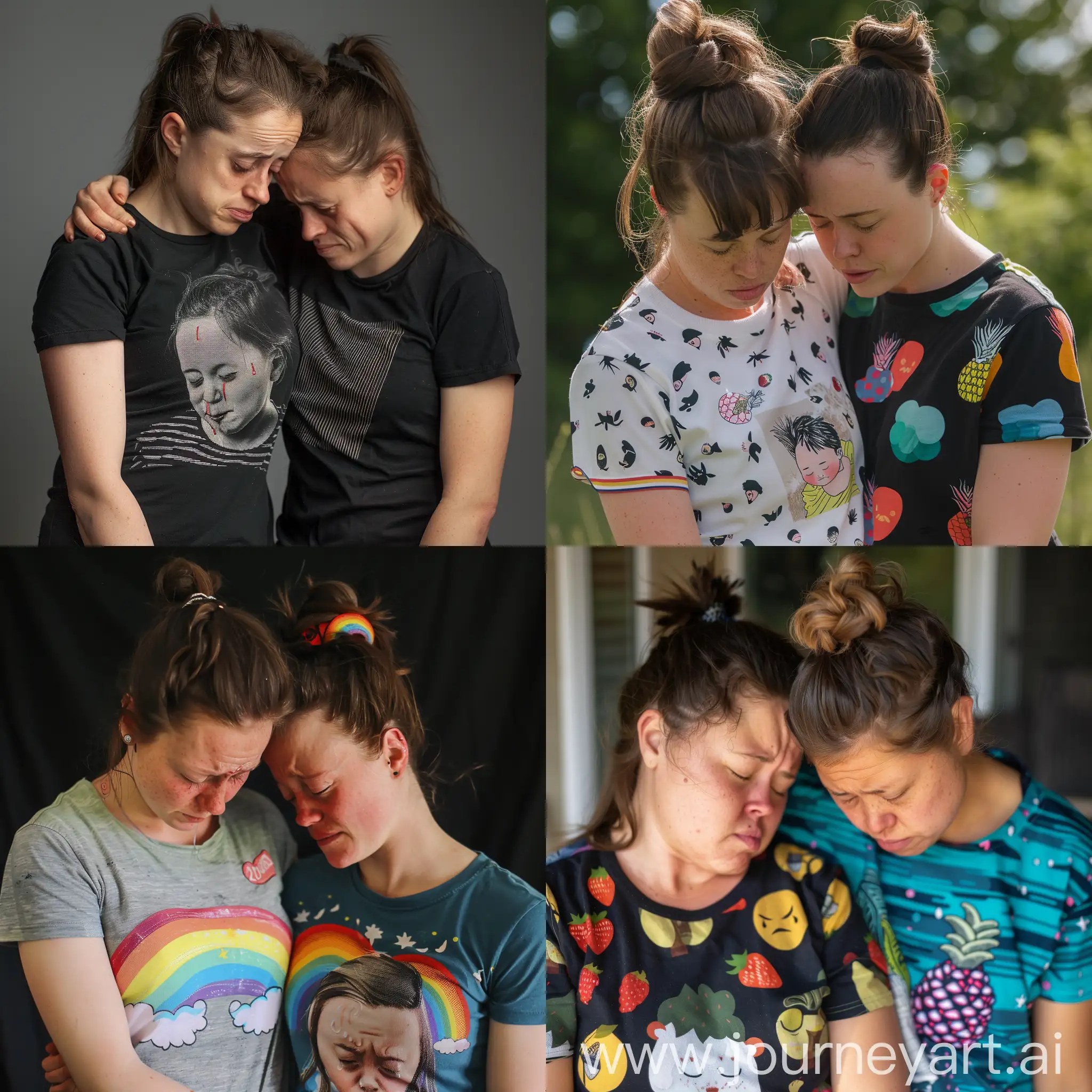 Deux lesbiennes de 21 ans syndrome de down t-shirt manches courtes femme beaucoup pleuré criée funeraill calin la tête dans les bras de sa femme