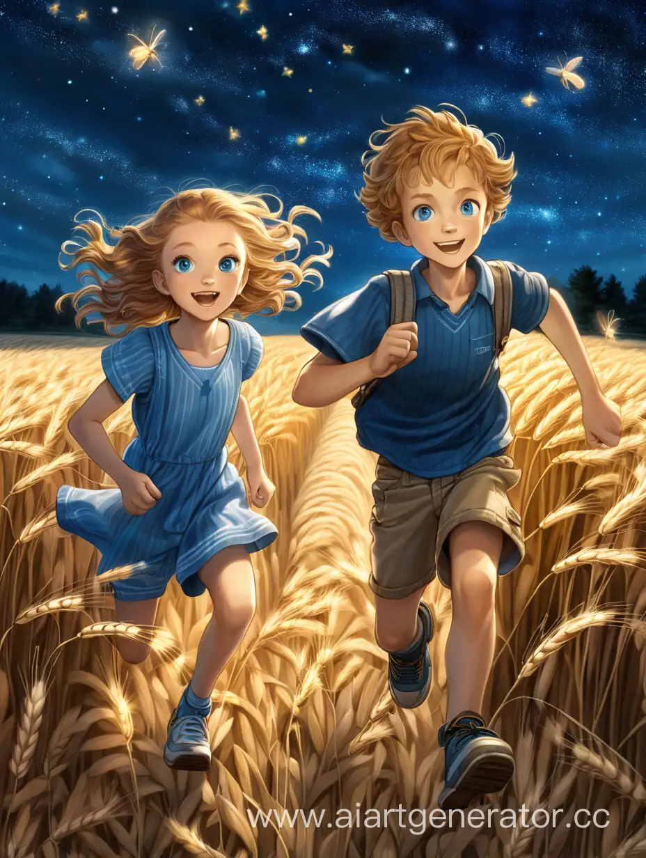 Брат и сестра бегают и играют на пшеничном  поле ночью. У них светло-каштановые чуть кудрявые волосы и небесно-голубые глаза. Мальчику лет 10, а девочке лет 7. Это глубокая ночь, на небе сияют крупные звезды, а за детьми светящимися дорожками взлетают светлячки.