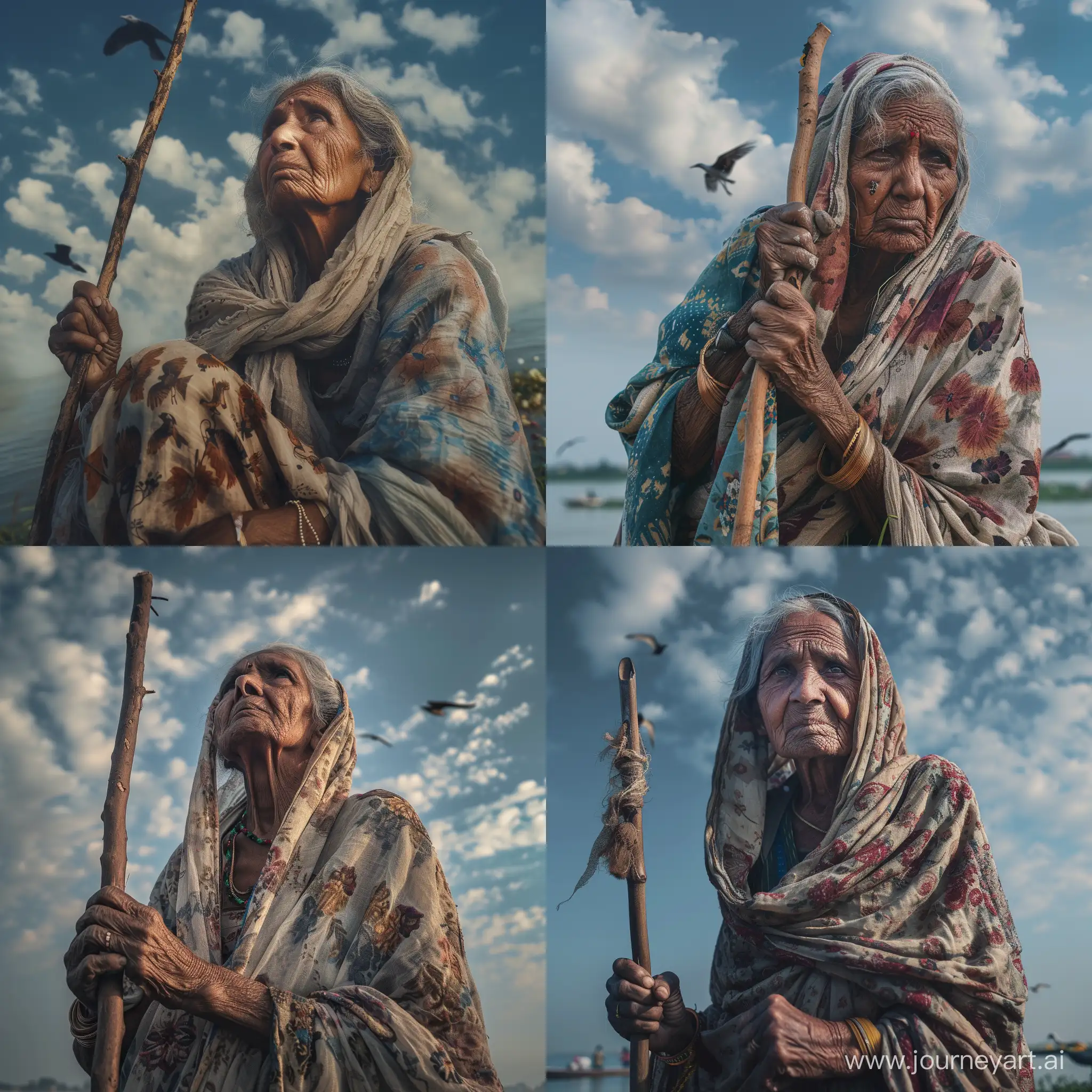      a   80 years old women india in old clothing with a stick   in the back ground  the ganges and some birds  by bleu sk y with clouds soft light and contrast  35mm fuji xt4   fotorealistisch total body low angle