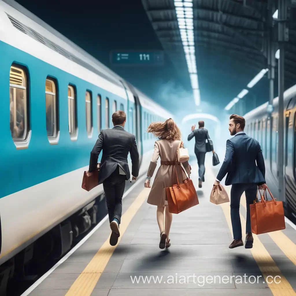 мужчина и женщина бегут по платформе с сумками, они опоздали на поезд, поезд отъезжает
