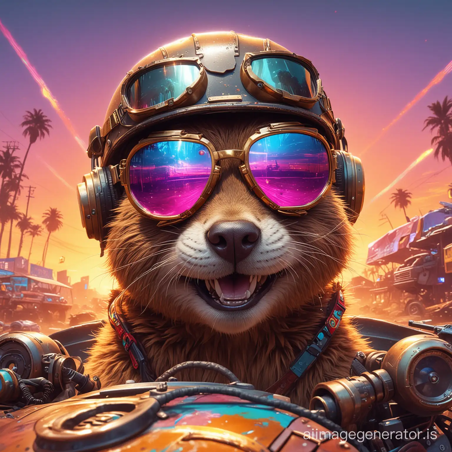 beaver, derailed fur, disco  synthwave, Blade of technology, white teeth grinning, gramophone, colorful,  bronze, helmet, detailed  retro racer goggles, psychedelic madness at background, cyberpunk