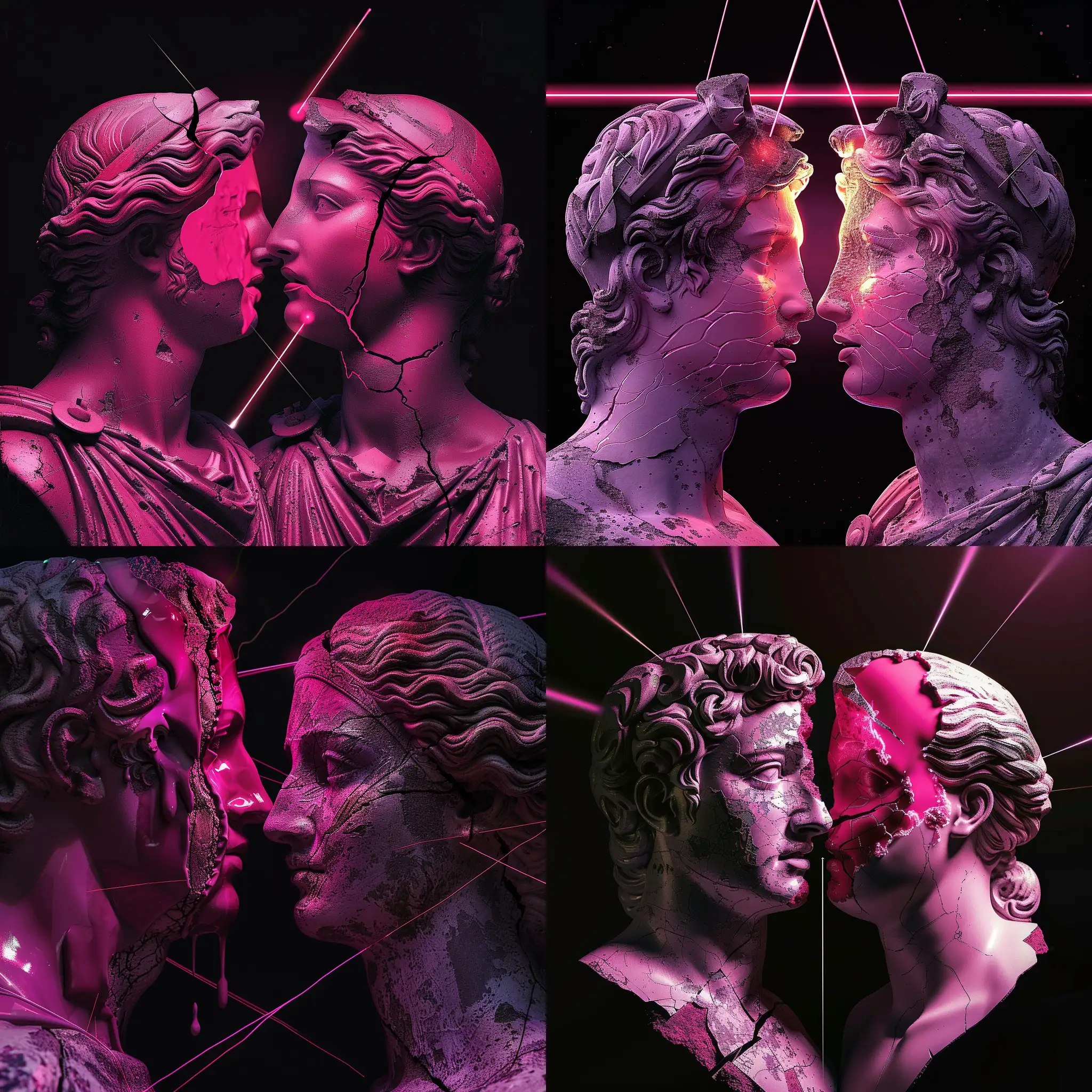  a romantic Greek statues face to face of a man and woman with magenta colour, dark background,melt parts on both face skin , fighting from laser lights behind and front of the heads , black background,hd, ready for music cover