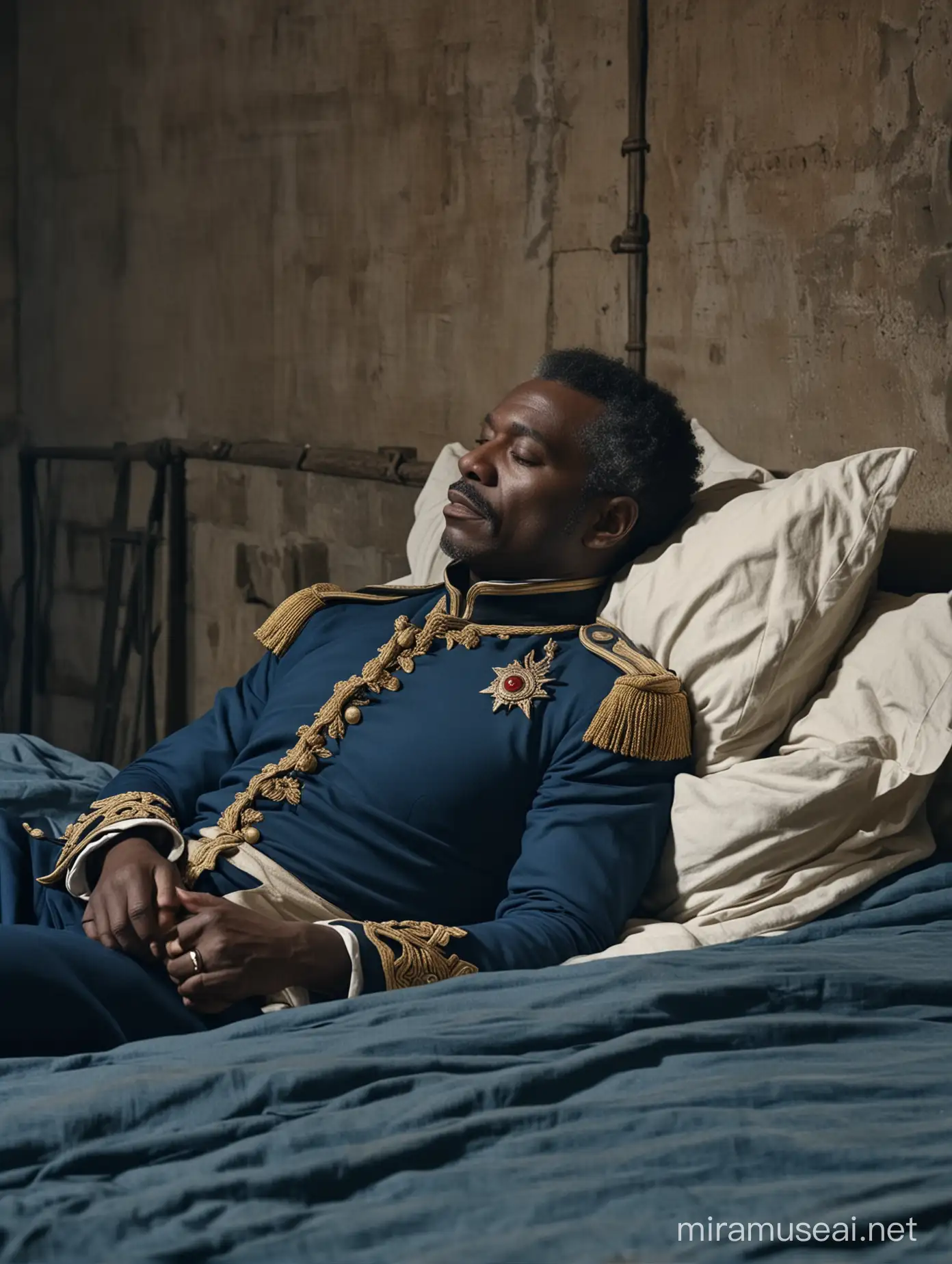 the very old African-American , 1800s French military general costume is sleeping in an bed of the castle prison, in the style of blue and dark black, fashwave, candid celebrity shots, uhd image, body extensions, natural beauty --ar 69:128 --s 750 --v 5. 2