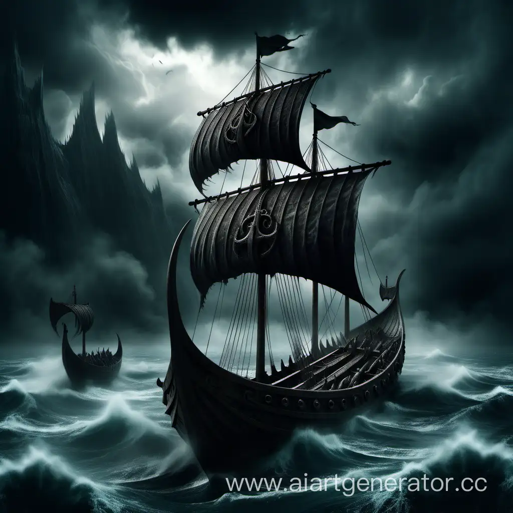 Epic-Dark-Fantasy-Scene-Viking-Ship-Navigating-Treacherous-Waters-Amidst-Torn-Sails-and-Monster-Mist
