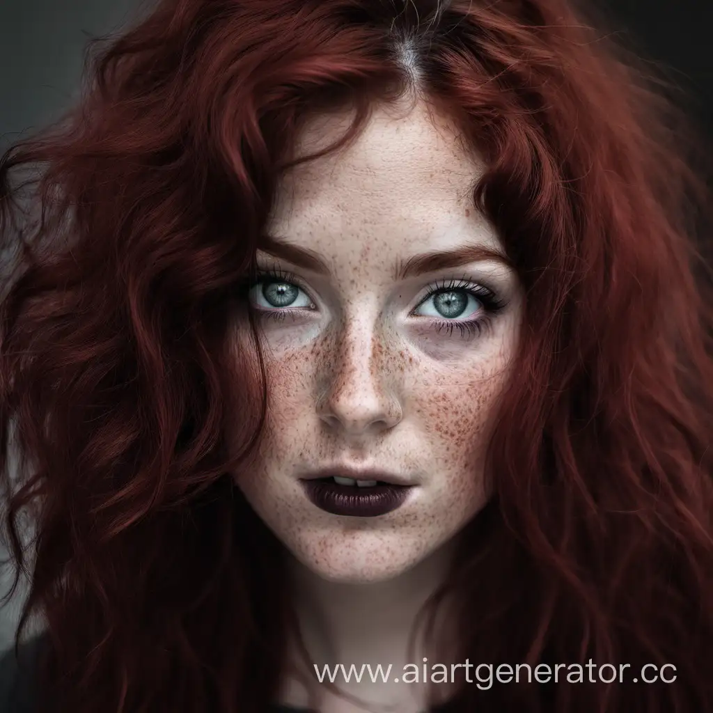 Woman, granate hair, gray eyes, freckles, dark makeup