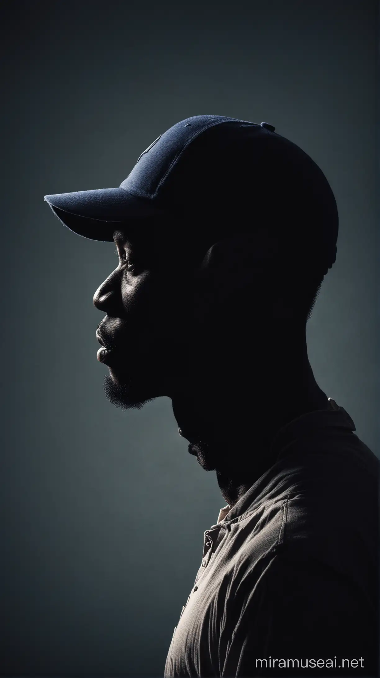 Silhouette in profile from the chest to top of head of a proud African American baseball player. He is wearing an old fashioned baseball cap on his head. The silhouette is dark blue. 