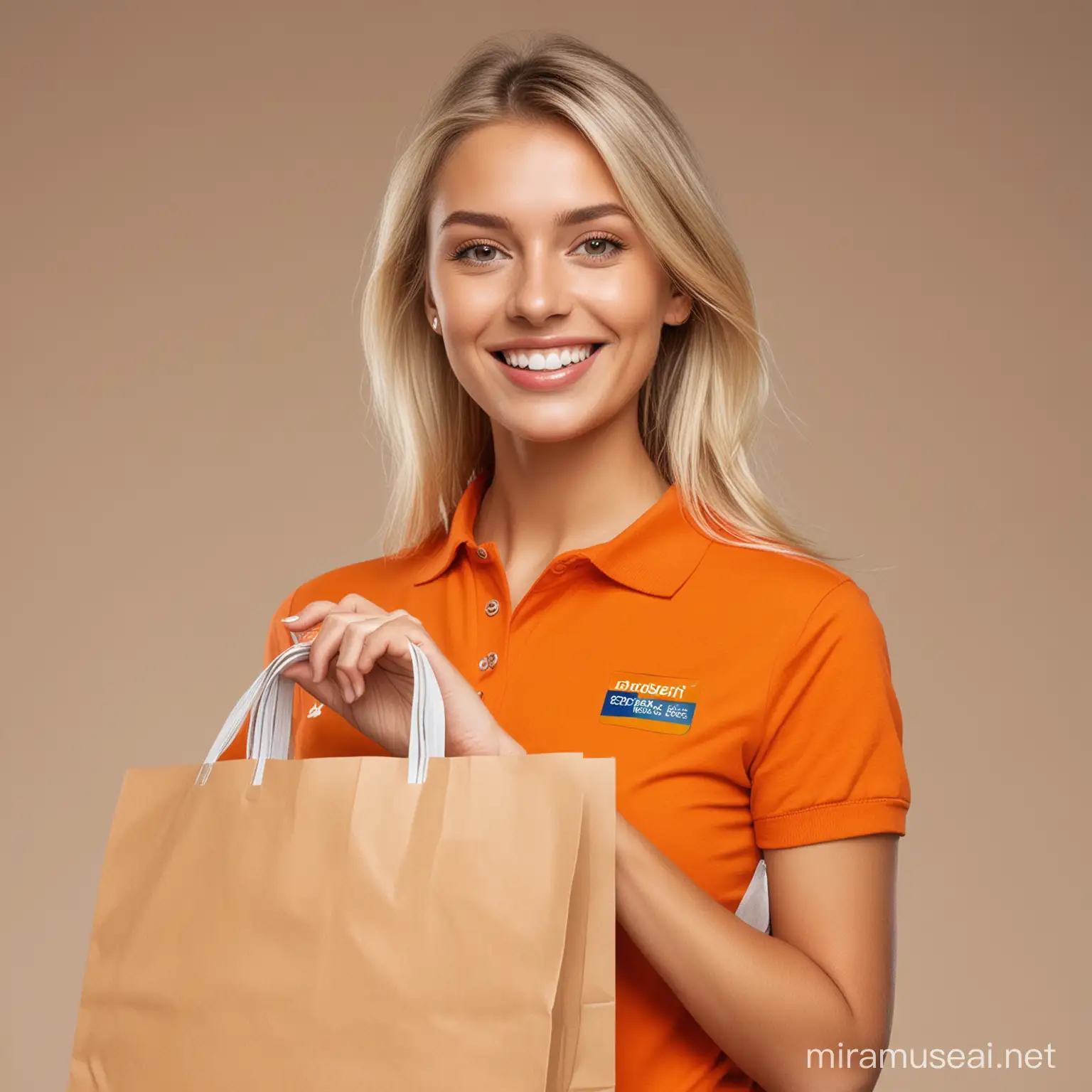 Ana is the model for Zama Express, she is a smiling blonde, she wears an orange polo shirt without any design or logo, the shirt cannot have any design or logo it just needs to be completely orange, she holds an orange shopping bag in the right hand and left hand holds a credit card