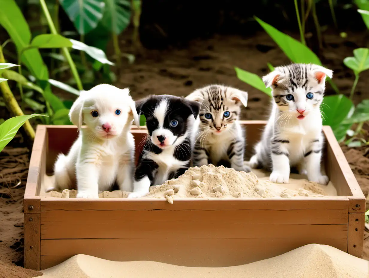 babies puppies and kittens playing in a sand box in the jungle