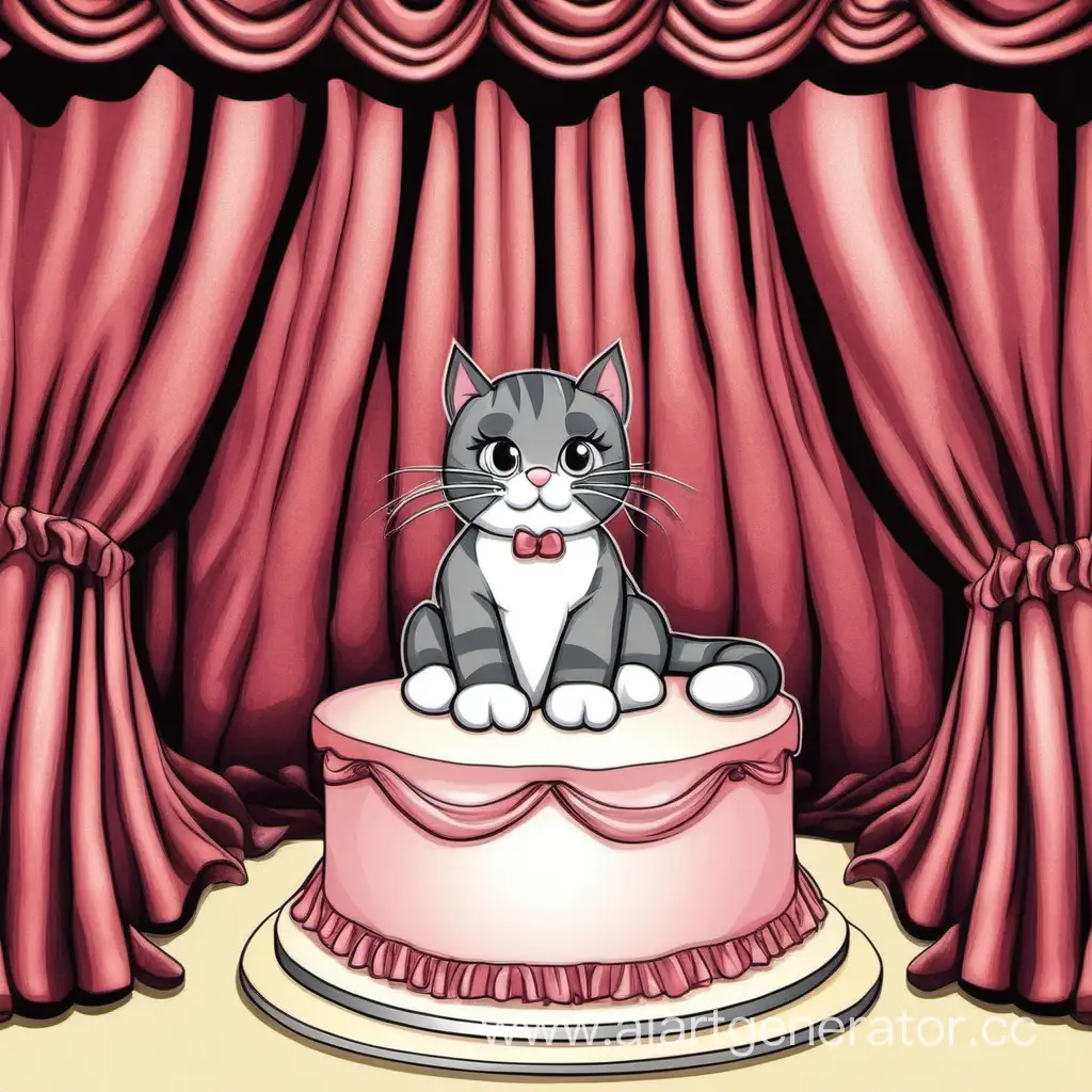 Playful-Cat-on-Stage-Holding-a-Cake-amidst-Theatrical-Curtains