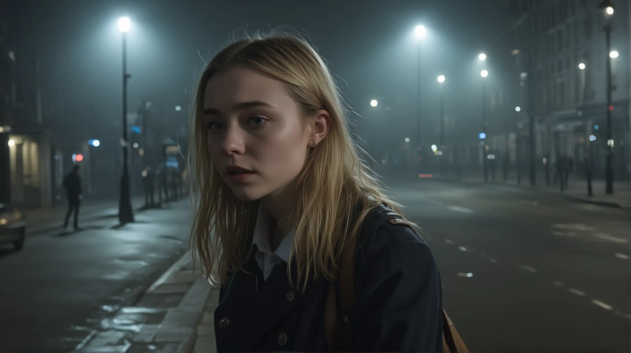 "Generate an image capturing the tension and intrigue of a deserted street corner in London on a foggy night, where a beautiful teenage girl stands, exuding an aura of sweet innocence mixed with undeniable allure, looks like Jessica Barden, she possesses long blond hair, piercing blue Talking to an older man twice her age his face obscured from view, atmosphere of mystery and potential danger of their encounter."
