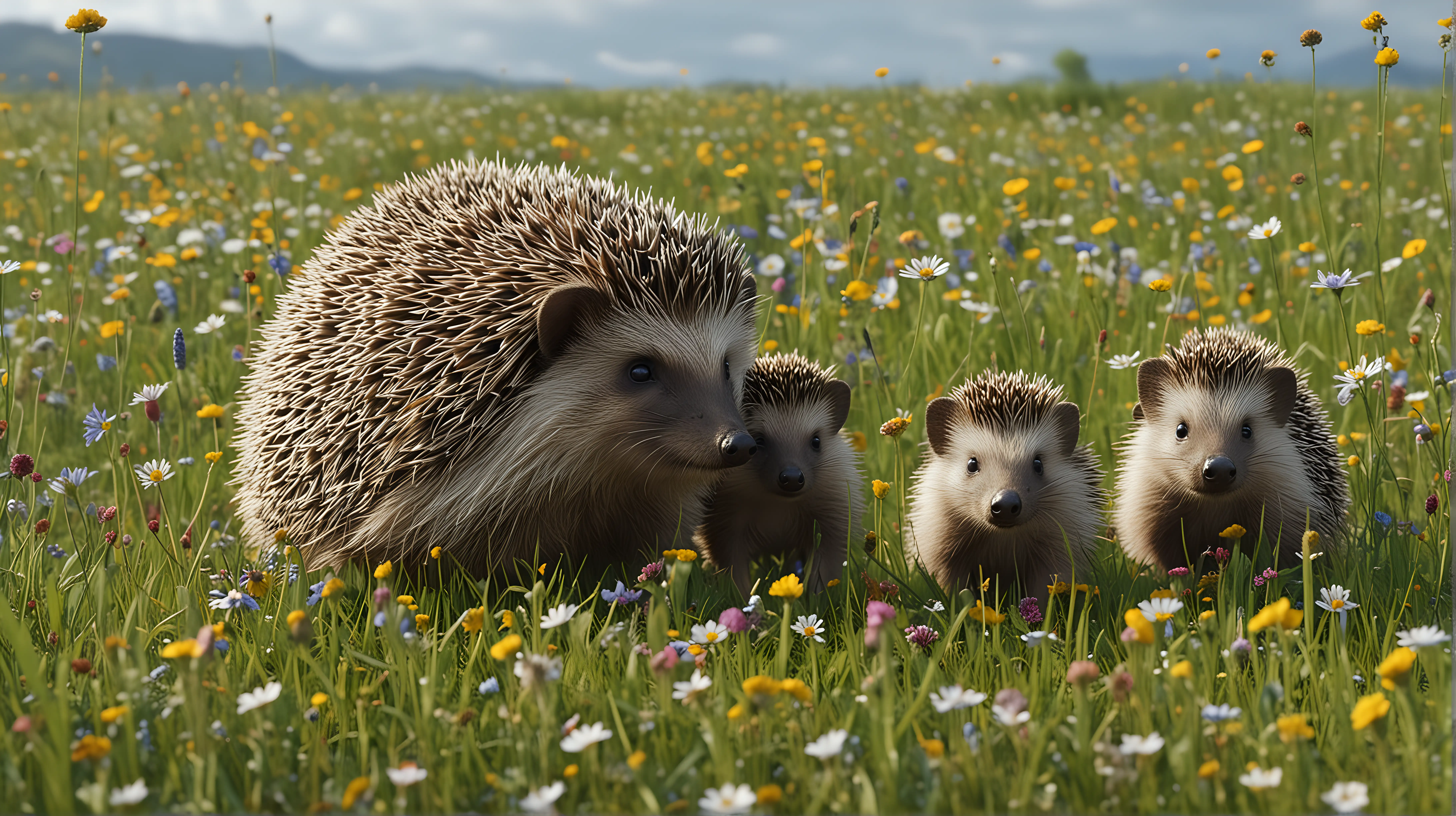 A hedgehog family can be seen amongst the wildflowers in a meadow.

Highly detailed, 4k, hyper-realistic.