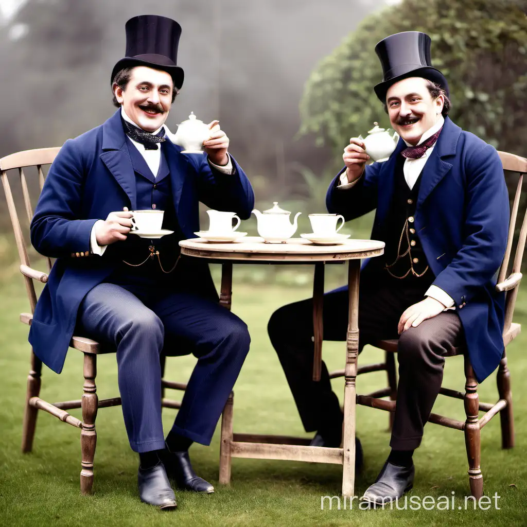 Victorian age 2 men happily drinking tea on wooden chairs, outdoor, full body