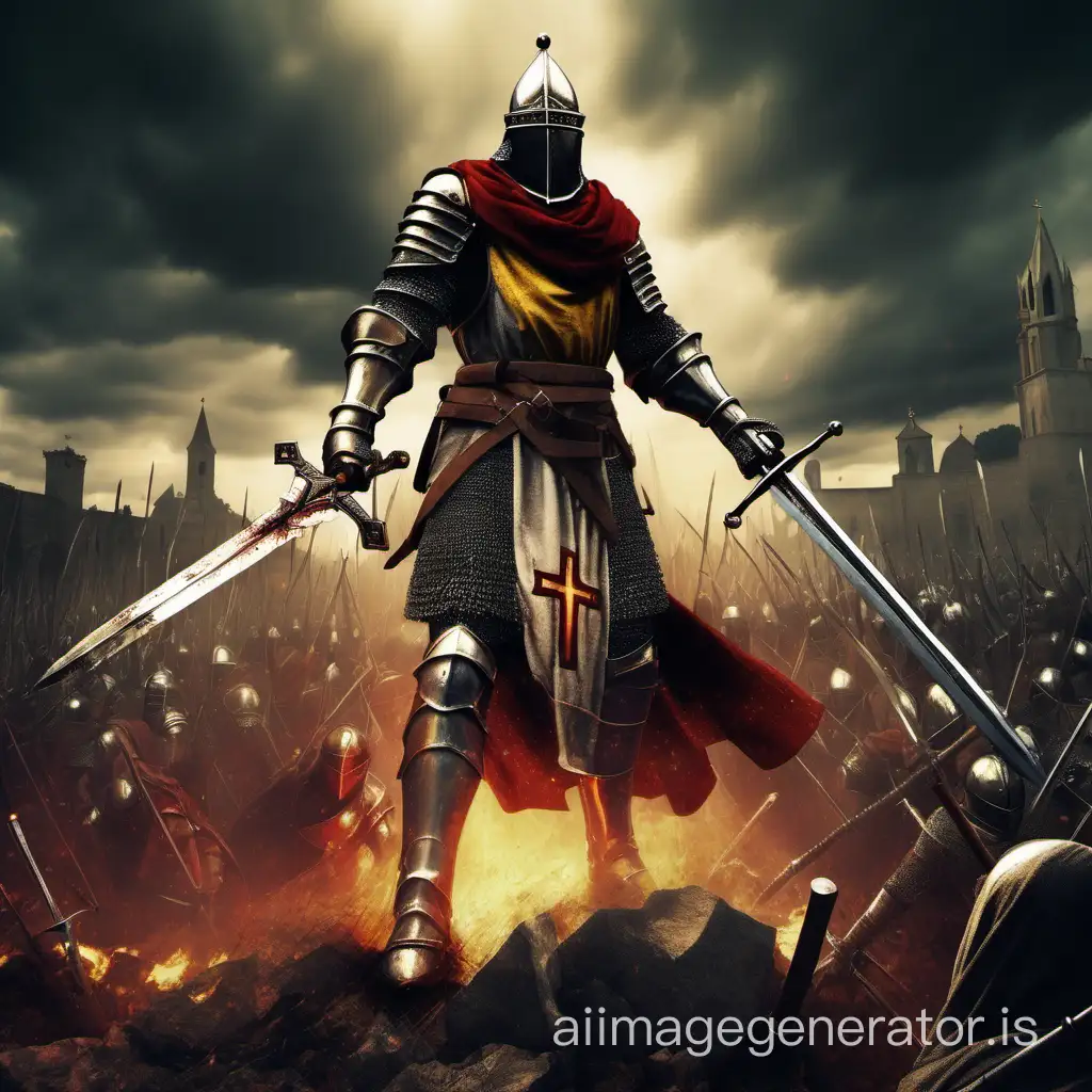 Christian crusade soldier with sword dark souls style with lots of colour and Jesus
