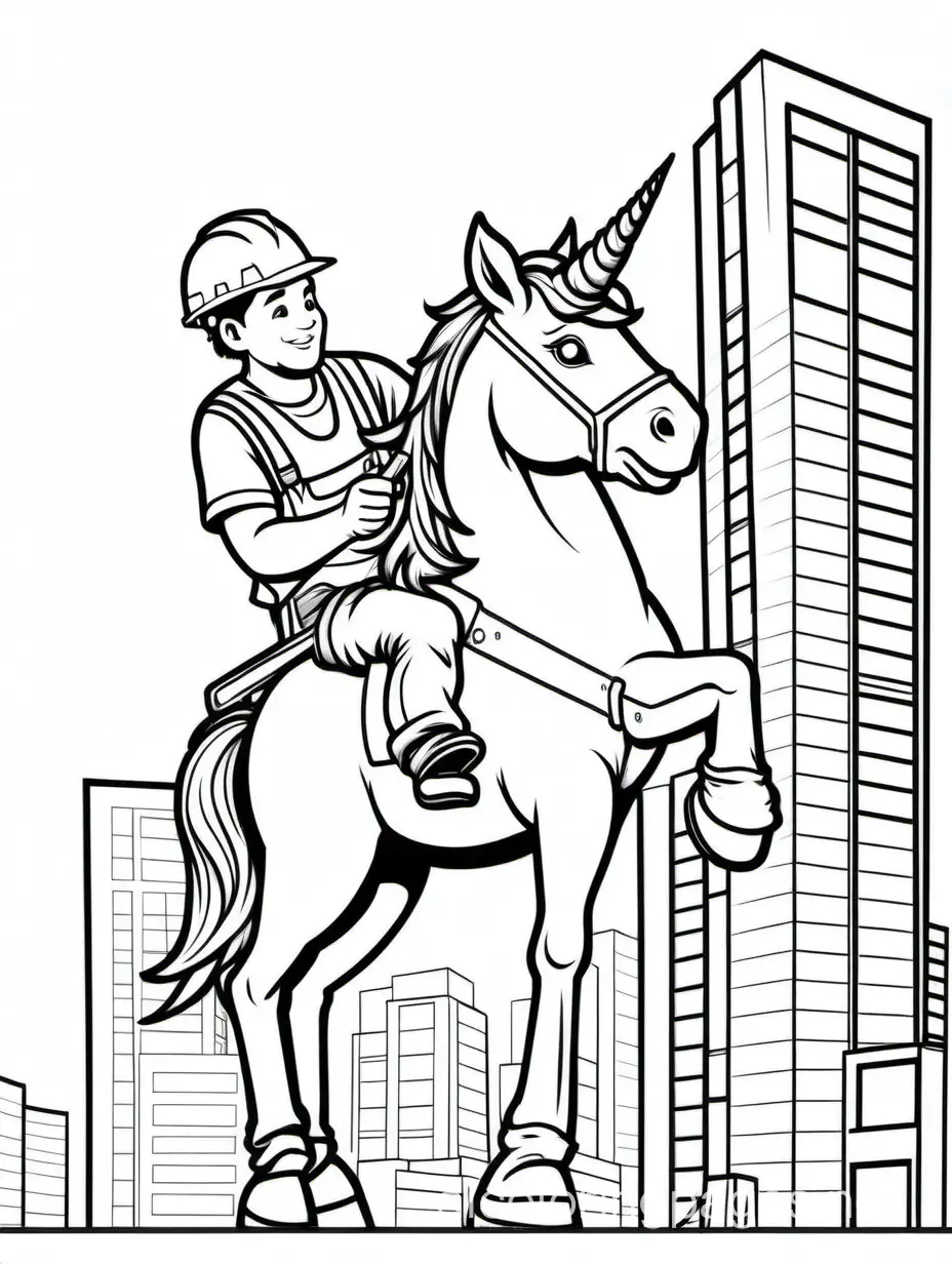 a majestic unicorn construction worker building a highrise, Coloring Page, black and white, line art, white background, Simplicity, Ample White Space. The background of the coloring page is plain white to make it easy for young children to color within the lines. The outlines of all the subjects are easy to distinguish, making it simple for kids to color without too much difficulty