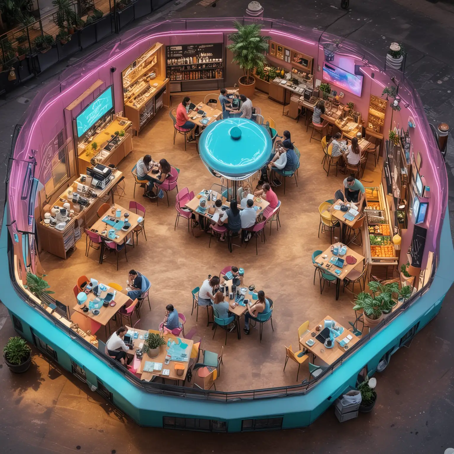 Vibrant AI Hologram Caf TopView of Futuristic Technology and Buzzing Social Spot