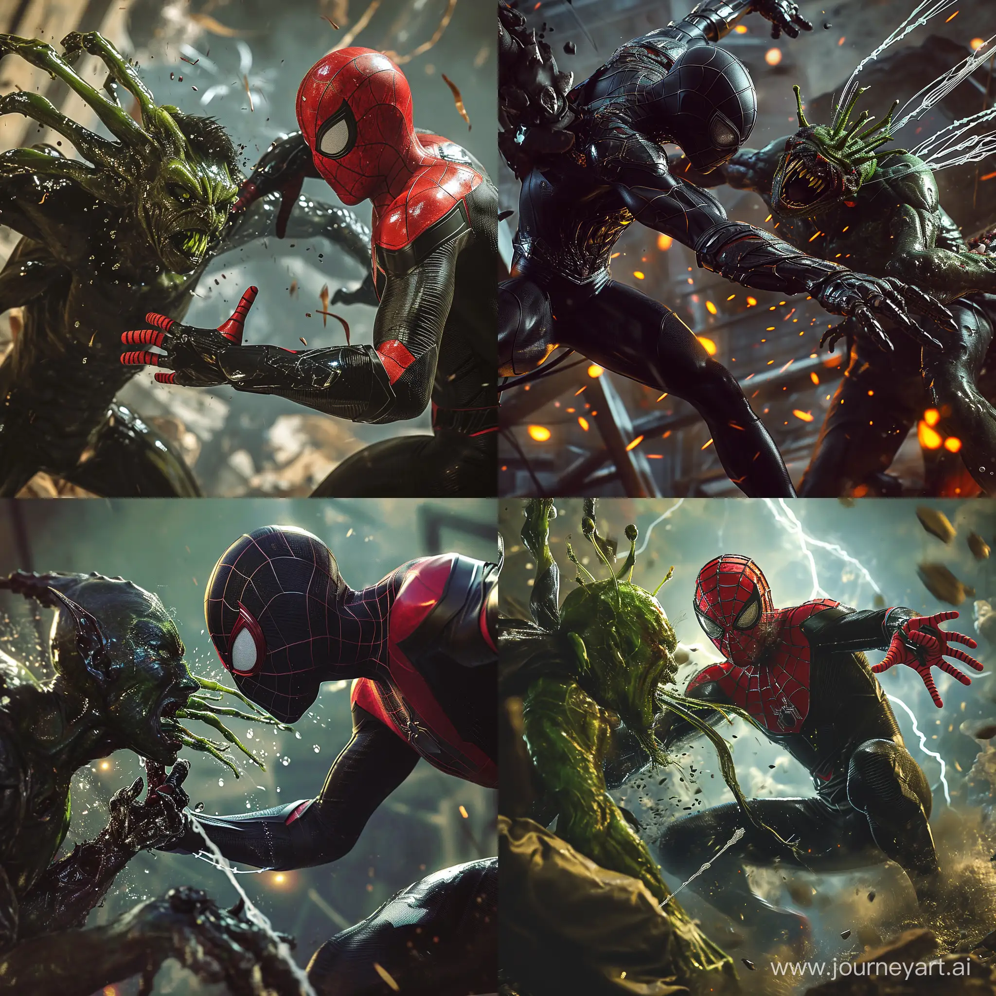 Spiderman wearing a iron black suit and fighting with sam raimi green goblin, detailed, 8k, cinematic