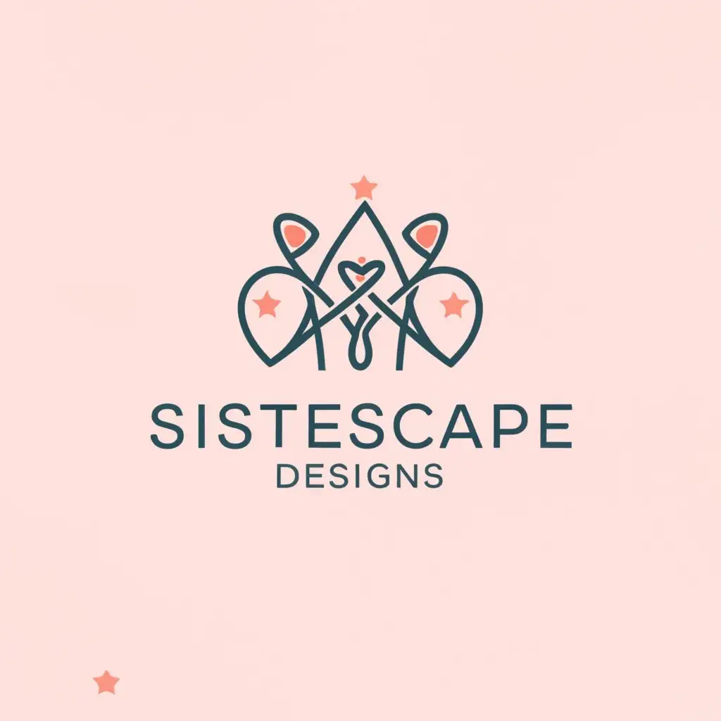a logo design,with the text "SisterScape Designs", main symbol:Two stylized figures representing sisters, perhaps holding hands, embracing, or working together on a design. The brand name can be written in a modern and elegant font, emphasizing the collaborative aspect. You might consider incorporating a subtle element like a small heart or star between the words to represent creativity and passion. Choose colors that evoke creativity and sisterhood. Soft pastel colors or vibrant hues can work well, depending on the brand's personality. Alternatively, you could opt for a minimalist black-and-white palette with a pop of color for emphasis.,complex,clear background