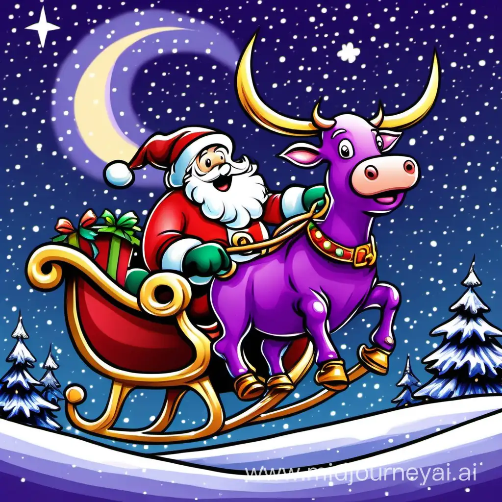 Santa Claus Riding Sleigh Pulled by Purple Cow in Wintry Night Sky