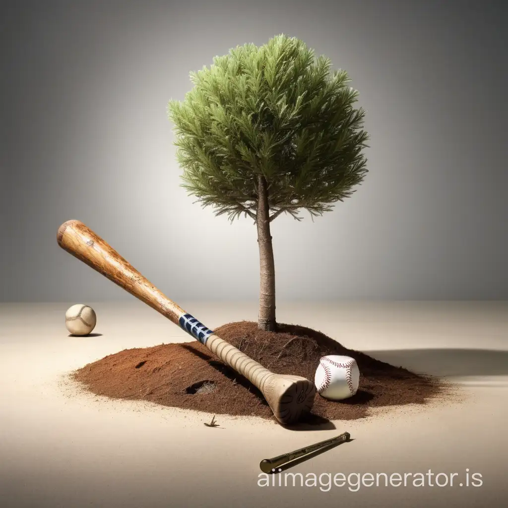 the small tree with  rusty nail in it and
baseball bat and baseball, a dollar  the