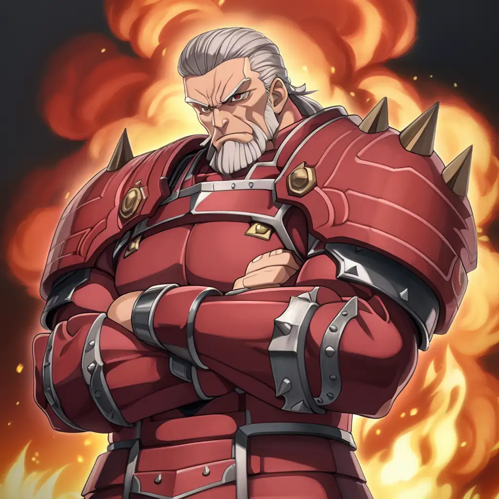 anime man, old, tall, buff, burly, determined expression, red theme, sharp eyes, intimidating, comb over, fire, full body, arms crossed, judgement, wearing armor