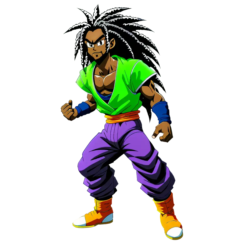 In the style of dragon Ball z anime, create a powerful black man with long dreadlocks with a PS4 controller floating near him for his clothes only use the  colors of neon green metallic purple black and grey for his clothes with a powerful aura around him with the same colors 