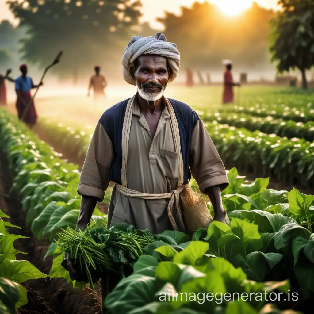 Sure, here is a realistic photo of a farmer doing work in his field which is crowded by greenery in the early morning and the sun is rising from east, he is in his traditional village dress: resolutiomn
n 16k