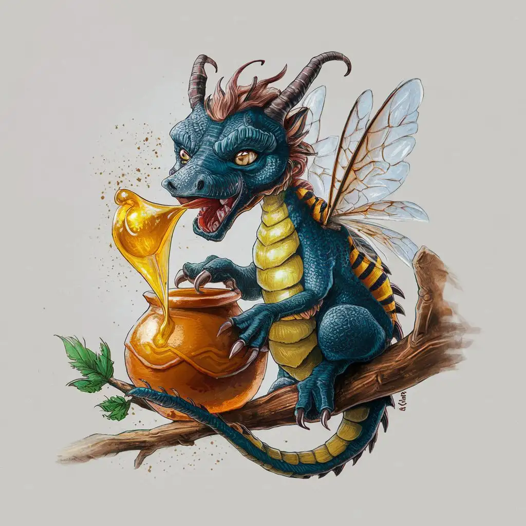 Honey-spitting dragon with bee wings with white background, hand drawed