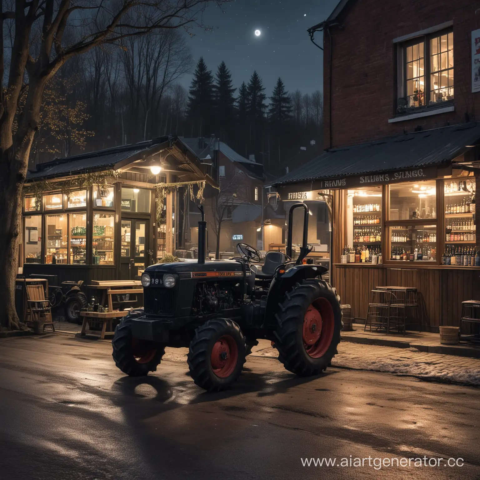 Трактор черного цвета стоит рядом с пивным магазином, также мы видим рядом лес, на улице почти весна, ночь