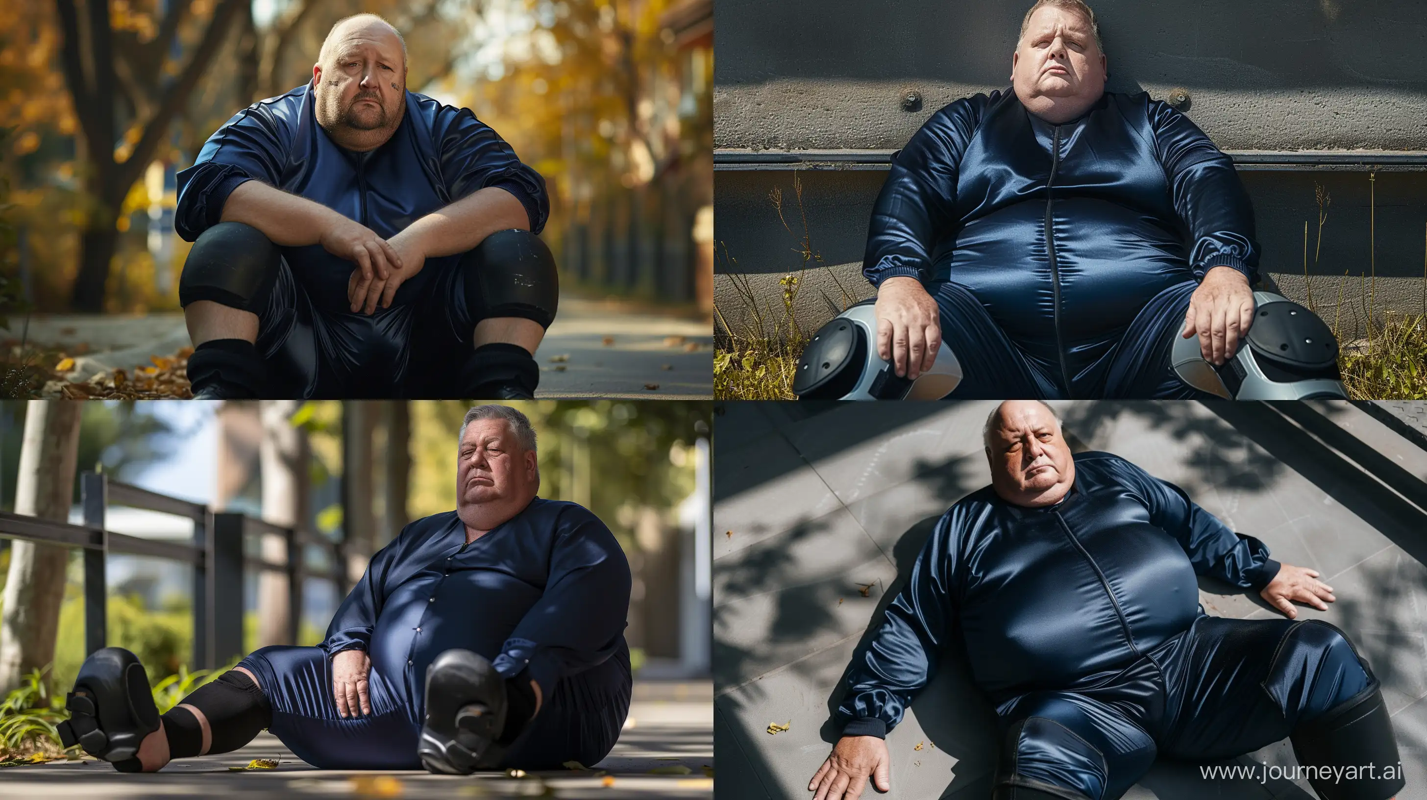 High-Angle Photo of a fat man aged 60 wearing a tight silk navy tracksuit and a black kneepads. Sitting wide. Outside. --style raw --ar 16:9