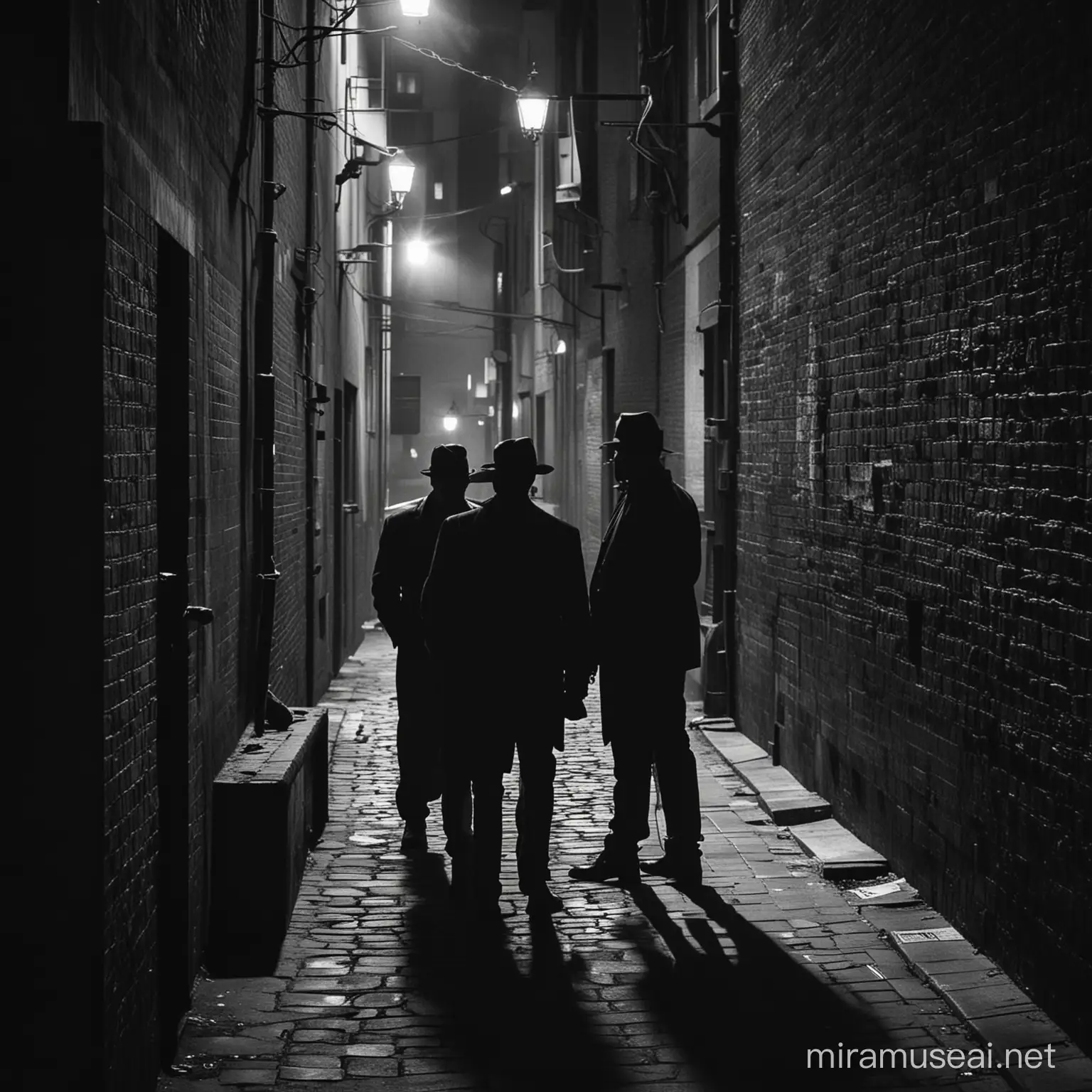 Suspicious Figures Engaged in Conversations in Shadowy Alleyway