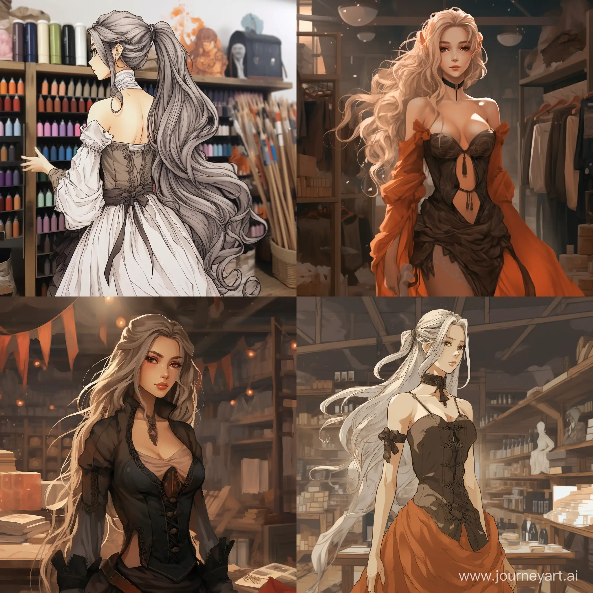 Draw a high fantasy character named Stockyard Supply Store in an anime style.  The character should be female and wearing an elegant and elaborate dress.  she should have long flowing hair.  draw in a 1:1 ratio