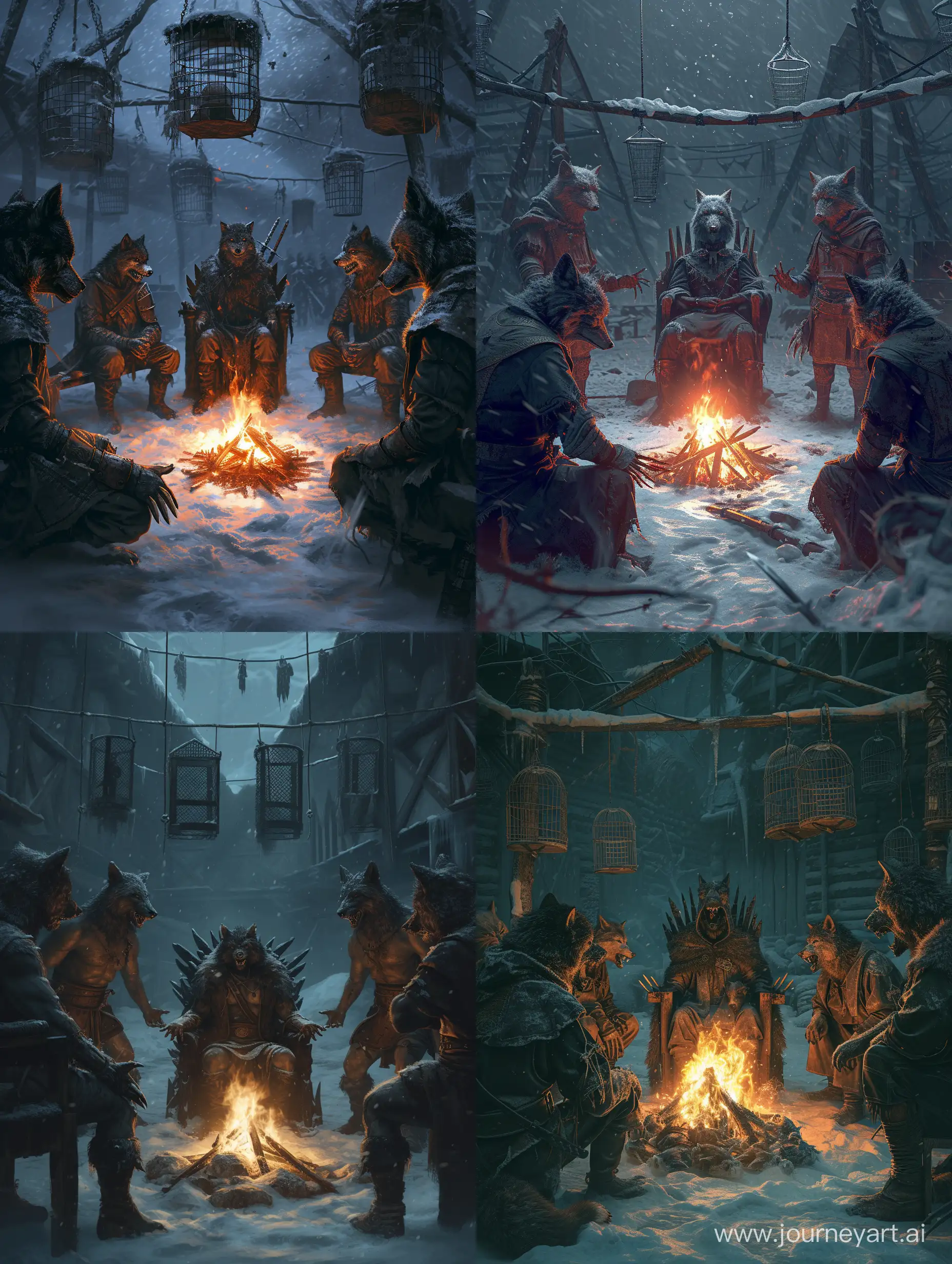warriors with wolf's head and human body,sharp claws,circle around the fire,The leader of the wolves sitting on throne in the middle,in snowy horror camp,hanging Gibbet cages In the background,fierce,furious,irate,Detailed clothing.incredible detail,dark light,terrifying,Digital Art.