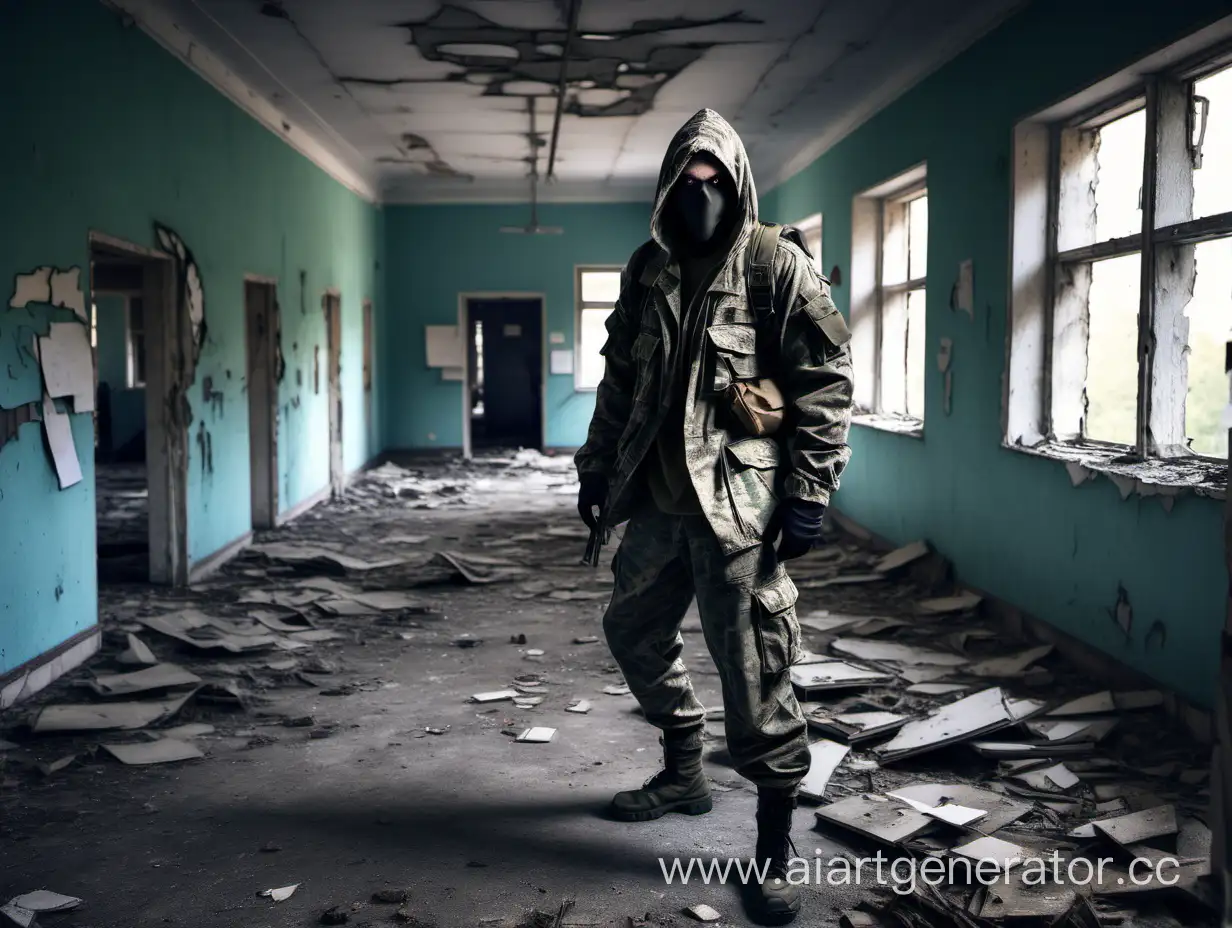 STALKER  в  армейской одежде в разрушенной школе обложка
