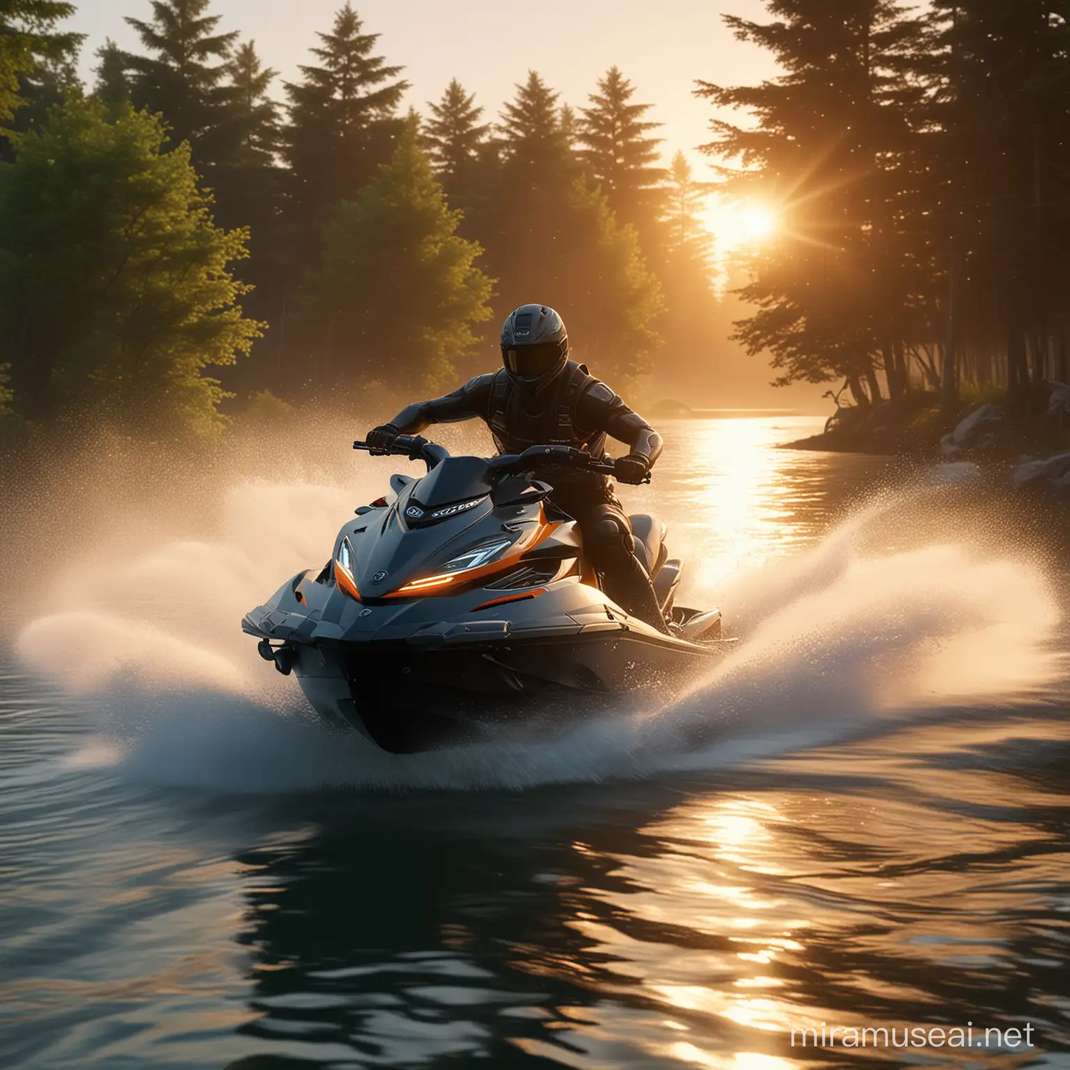 ultra realistic jetski, riding on water, with trees on the sides, a sunset and cinematic lighting 