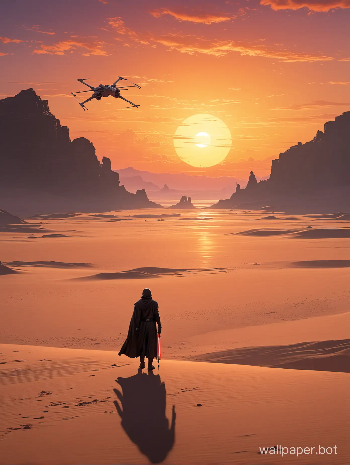 Imagine a breathtaking scene set on the iconic planet of Tatooine at sunset, with its two suns low on the horizon, casting a golden hue across the vast, sandy landscape. In the foreground, a silhouette of a lone Jedi stands atop a small dune, facing away from the viewer, looking towards the horizon. The Jedi's cloak billows in the gentle wind, and a lightsaber is held at their side, the blade retracted. Behind, the silhouette of a Star Wars X-wing fighter is parked, with its S-foils locked in the landing position, casting a long shadow that stretches towards the foreground. The sky is ablaze with orange, pink, and purple, reflecting off sparse, scattered clouds. In the distance, the outline of a small settlement can be glimpsed, with a few lights starting to twinkle as night approaches. The scene encapsulates a moment of calm and reflection, offering a glimpse into the vast and adventure-filled galaxy of Star Wars, inviting the viewer to imagine the stories that unfold in this faraway galaxy.