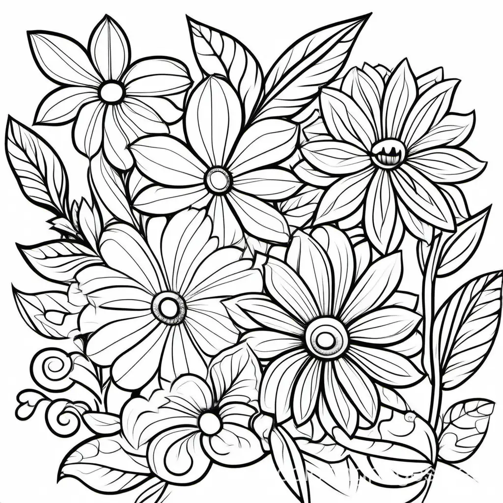 Floral line art coloring page , Coloring Page, black and white, line art, white background, Simplicity, Ample White Space. The background of the coloring page is plain white to make it easy for young children to color within the lines. The outlines of all the subjects are easy to distinguish, making it simple for kids to color without too much difficulty