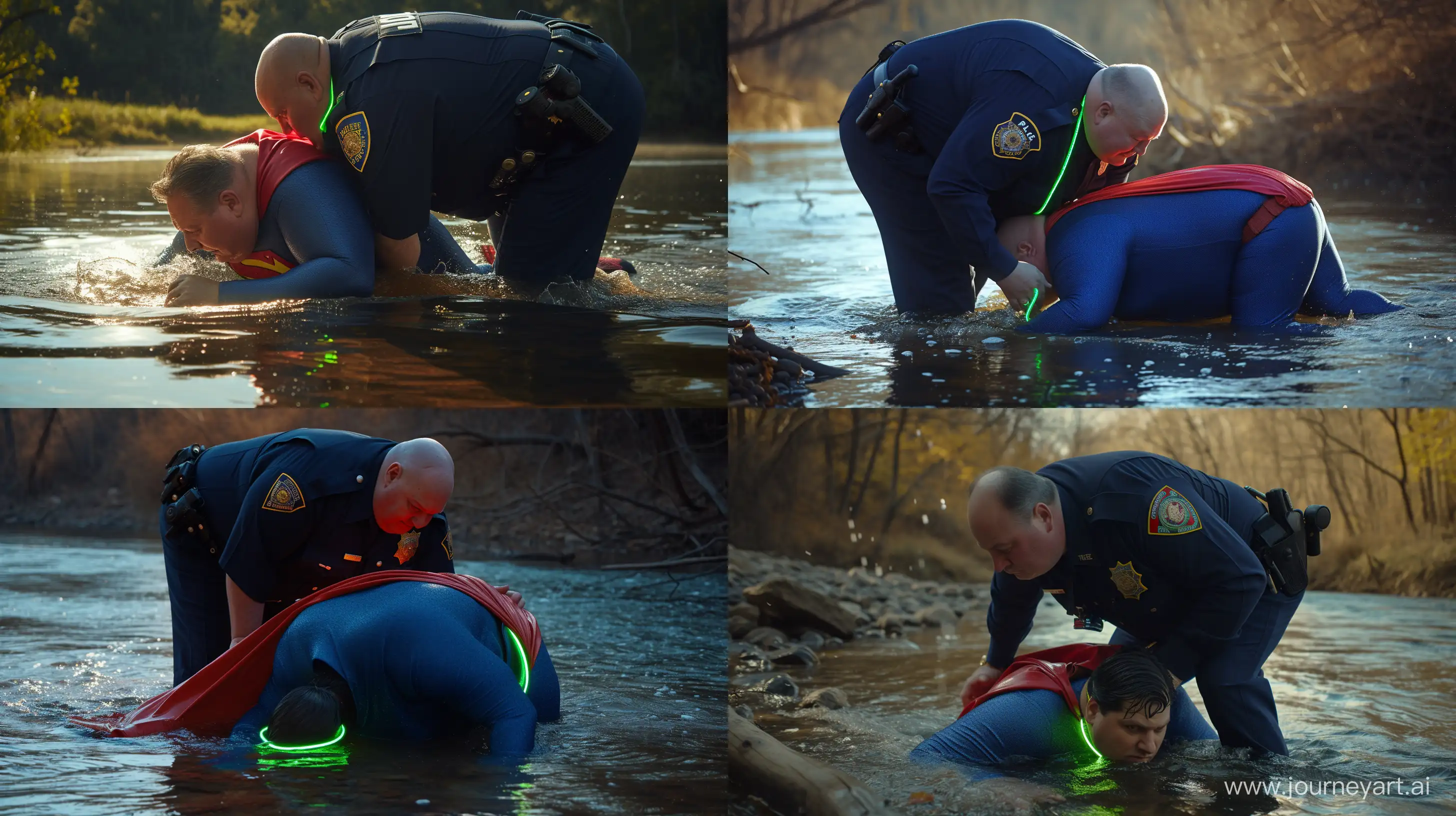 Close-up photo of a action scene of a fat man aged 60 wearing a navy police uniform. Bending behind and tightening a tight green glowing neon dog collar on the nape of a fat man aged 60 wearing a tight blue 1978 smooth superman costume with a red cape crawling on all four in the water. Natural Light. River. --style raw --ar 16:9