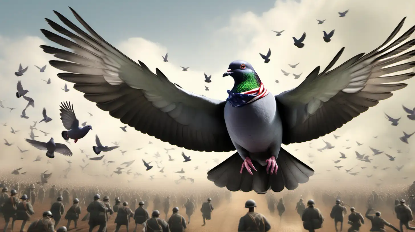  realistic image of a brave messenger pigeon with a tiny little note strapped to his leg, similar to Cher Ami, flying over a battle field